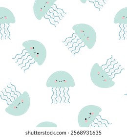 Seamless pattern with cute smiling and sleeping jellyfish. Vector.