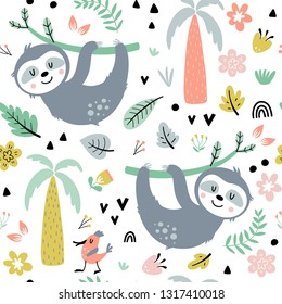 Seamless pattern with cute smiling sloths hanging on the branch and jungle plants. Hand drawn adorable animal background in the childish style in a vector. 