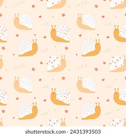 Seamless pattern cute smiling snails with ornaments. Funny insects. Flat cartoon vector illustration. Decorative snail character with flowers. Vector pattern for design, decor, textile and print.