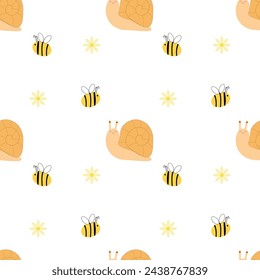 Seamless pattern cute smiling snails and bees on white background. Funny insects. Flat vector illustration. Decorative snail character with flowers. Vector illustration for design, decor and print.
