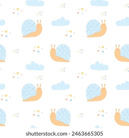 Seamless pattern cute smiling snails on white background. Funny insects. Decorative snail character with clouds and hearts. Flat vector illustration for design, decor and print.