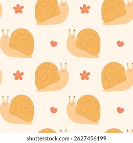 Seamless pattern with cute smiling snails. Funny insects. Flat vector pattern for kids design, decoration and print.