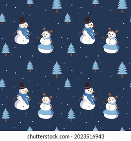 Seamless pattern with cute smiling snowmen and Christmas trees. Merry holiday print, New Year decorations. Winter and festive background