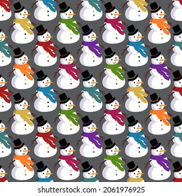 Seamless pattern with cute smiling snowmen. Merry Christmas holiday print, New Year decoration. Winter and festive background