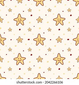 Seamless pattern with cute smiling stars. Yellow stars on a light yellow background. Vector background for baby design.
