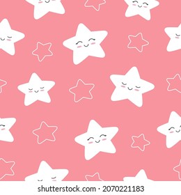 Seamless pattern of cute smiling stars on pink background. Background for baby design. Vector illustration