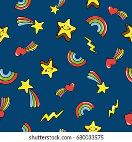 Seamless pattern with cute smiling stars. doodle comets, lightnings, rainbows on deep dark blue background. Vector illustration.