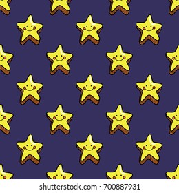 Seamless pattern with cute smiling stars on dark violet blue background. Vector illustration.