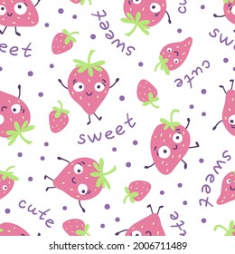 Seamless pattern with cute smiling strawberries, polka dot, and handwritten words. Lovely  background in cartoon style. Vector hand drawn illustration.