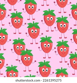 Seamless pattern with a cute smiling strawberry berry with arms and legs on a crimson background. A design element on strawberry products, toys, baby food and clothing