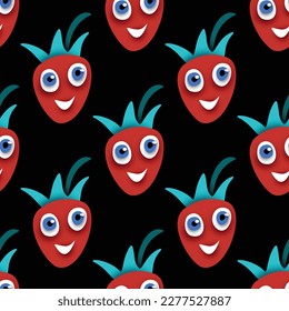 Seamless Pattern with Cute Smiling Strawberry. Surreal Design on Black. Pop Art Cartoon Style with Stains. Endless Texture. Vector 3d Illustration