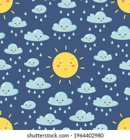 Seamless pattern with cute smiling sun and rain clouds. Vector repeated texture in flat style. Cartoon sky background for kids design. 