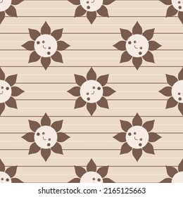Seamless pattern with cute smiling sun. Stripped background. Vector 