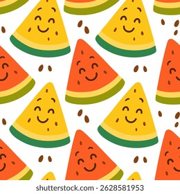 Seamless pattern with cute smiling watermelon slices in red and yellow. Perfect for summer themed designs, fabric, prints and packaging