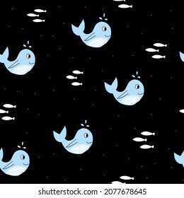  seamless pattern with cute smiling whale and fish,simple flat illustration,print for kids,baby fashion,textile,interior design,wallpaper,decoration, black background