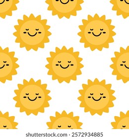 Seamless pattern of cute, smiling yellow suns on a white background. Vector illustration