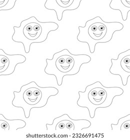Seamless Pattern with Cute Smilying Fried Eggs. Surreal Design, Endless Texture. Pop Art Cartoon Style with Stains. Coloring Book Page. Vector Contour Illustration
