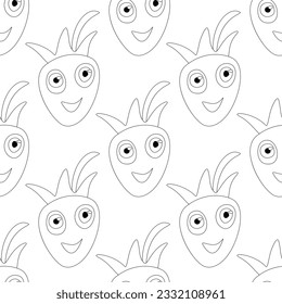 Seamless Pattern with Cute Smilying Strawberry. Surreal Design, Endless Texture. Pop Art Cartoon Style with Stains. Coloring Book Page. Vector Contour Illustration