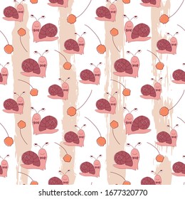 Seamless pattern with cute snail. Animal with dandlion on striped background in scandinavian style for baby shower card, birthday, poster. Print illustration in vector