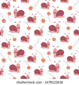 Seamless pattern with cute snail. Animal with dandlion in scandinavian style for baby shower card, birthday, poster. Print illustration in vector