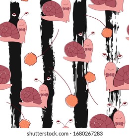 Nahtloses Muster mit süßer Schnecke. Tier mit Dandlion auf gestreiftem Hintergrund im skandinavischen Stil für Baby-Duschkarte, Geburtstag, Poster. Druckgrafik in der Vektorillustration