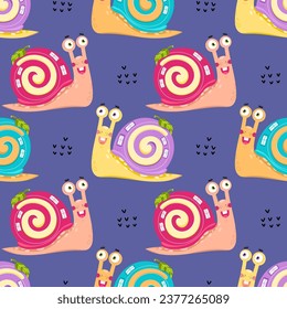 Seamless pattern with cute snail. For card, posters, printing on the pack, clothes, fabric, wallpaper, textile or dishes.