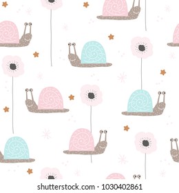 Seamless pattern with cute snail and flowers. Vector hand drawn illustration.
