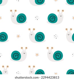 Seamless pattern with cute snail and flowers. For card, posters, banners, books, printing on the pack, clothes, fabric, wallpaper, textile or dishes.