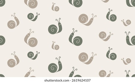 Seamless pattern with cute snail icons in beige and olive green tones. Minimalist and natural design, perfect for eco-friendly products, children's textiles, wallpapers, and stationery.