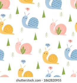 Seamless pattern with cute snails.