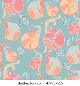 Seamless pattern with cute snails in cartoon style. Vector illustration.