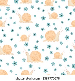 Seamless pattern with cute snails and flowers on a white background. Pattern for fabric, textile, wallpaper, wrapping paper, clothes. Vector illustration.