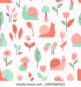 Seamless pattern with cute snails, flowers, leaves and mushrooms on a light background. Pattern for children's clothing and fabric. Flat vector illustration.