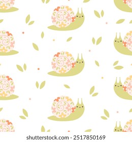 Seamless pattern with cute snails and flowers. Spring and summer seamless pattern. Vector illustration in flat style