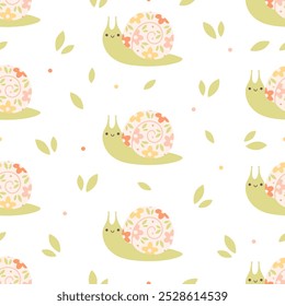 Patrón sin fisuras con caracoles lindos y flores. Patrón sin costuras de primavera y verano. Ilustración vectorial en estilo plano