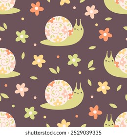 Seamless pattern with cute snails and flowers. Spring and summer seamless pattern. Vector illustration in flat style