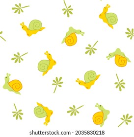 Seamless pattern with cute snails and leaves. 