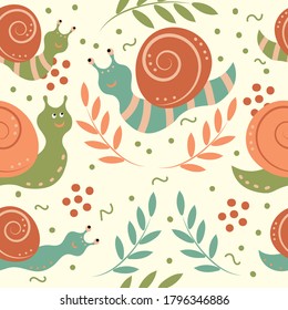 Seamless pattern of cute snails on light background. Vector cartoon illustration.