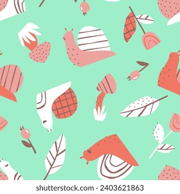 Seamless pattern with cute snails scattered on a green background. Flowers, leaves and mushrooms complete the pattern. Pattern for children's clothing or fabric. Flat vector illustration.