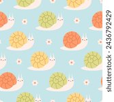 Seamless pattern with cute snails. Spring seamless pattern. Vector illustration in flat style