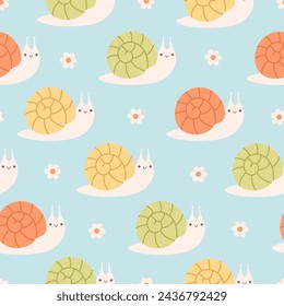 Seamless pattern with cute snails. Spring seamless pattern. Vector illustration in flat style