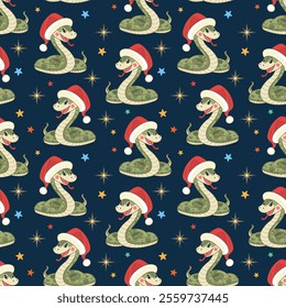 Seamless pattern of a cute snake in a Christmas hat. The green wooden snake is a symbol of the 2025 new year. Vector illustration. It can be used in web design, packaging, wallpaper