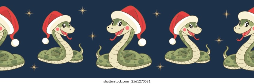 Seamless pattern of a cute snake in a Christmas hat.  The border. The green wooden snake is a symbol of the 2025 new year. Vector illustration. It can be used in web design, packaging, wallpaper