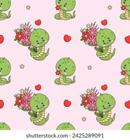Seamless pattern with cute snake with flowers on pink background with hearts. Funny romantic kawaii reptile animal character. Vector illustration. Kids collection