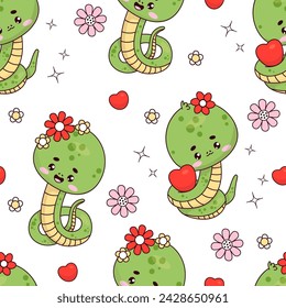 Seamless pattern with cute snake on white background with hearts and daisies. Funny kawaii reptile animal character. Vector illustration. Kids collection