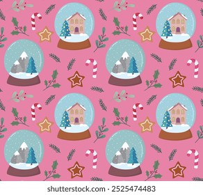 Seamless pattern with cute snow globes and plants on pink backdrop. Background with hand drawn christmas objects