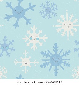 Seamless pattern with cute snowflakes in cartoon style. Adorable snow flakes smiley characters. Funny christmas doodle background.