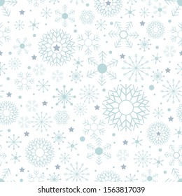 Seamless pattern with Cute snowflakes in different size with dot and stars on white background,Vector seamless for holiday wrapping paper, fabric, textile