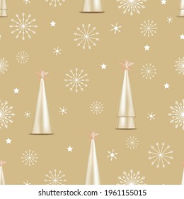 Patrón sin inconvenientes con copos de nieve Cute, estrella y árbol de Navidad cónico dorado sobre fondo marrón,Vector sin soldadura para Navidad o Año Nuevo papel de envoltura, tela, textil 