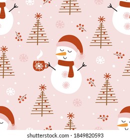 seamless pattern with cute snowman and Christmas tree